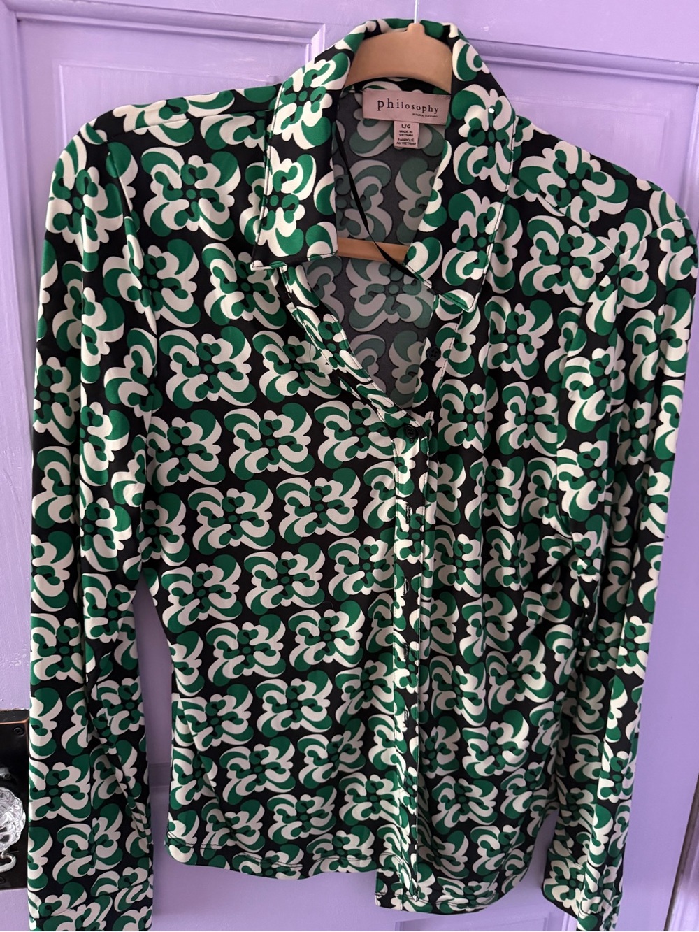 Philosophy Green Black and White Geometric Floral Button-Down
